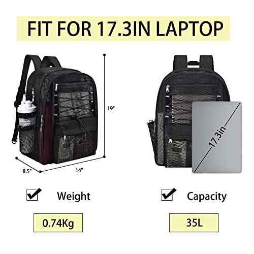 Mesh Backpack Heavy Duty for School, 35L Extra Large Mesh Bookbag for Adults, See Through Mesh Black School Bag with Laptop Pocket for Work Swimming Beach Fitness Sport