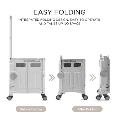 Elly Utility Cart Foldable with 4 Smooth-Rotate Wheels, Telescopic Handle & Snap-Closure Lid, Heavy-Duty Design for Daily Carrying Needs, Rolling Crate Perfect for Shopping, Office, Travel and Storage