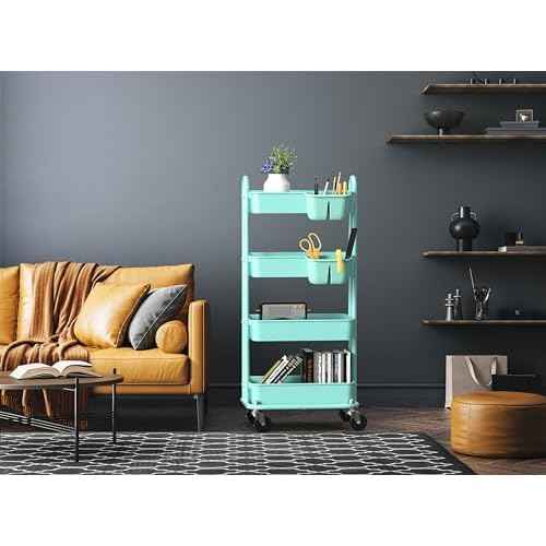 Simple Houseware 4-Tier Multifunctional Rolling Utility Cart with Hanging Buckets, Turquoise