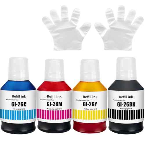 GI-26 GI26 GX7021 Ink Refill Bottles Compatible for Canon MAXIFY GX7021 GX6021 GX7020 GX6020 GX6120 GX5020 GX4020 GX3020 Printer 4 Color Multipack GI-26BK GI-26C GI-26M GI-26Y