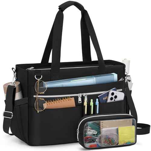 RAINSMORE Teacher Tote Bag for Women 15.6 Inch Laptop Briefcase with Clutch Bag, Nurse Bags Professional Work Handbag for Office College Nursing, Large Utility Tote Messenger Shoulder Bag, Black