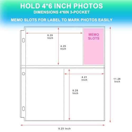 50 Pack 4 x 6 Photo Sleeves for 3 Ring Binder(300 Pictures), Heavy-Duty Archival Photo Page Protectors, Clear Picture Album Refill Pages Holds, Acid-Free