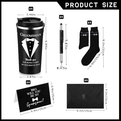 Nuanchu 4 Set Groomsmen Gifts for Men Wedding Proposal Gift 17 oz Stainless Steel Tumbler Groomsman Socks Multi Tool Metal Ballpoint Pen with Black Greeting Card Envelope for Groomsmen male (Black)