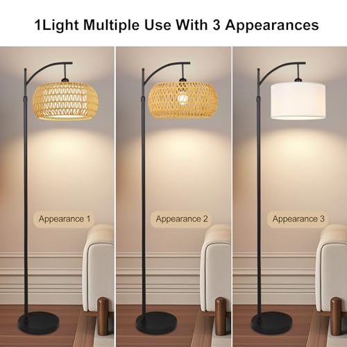 ZECOXOL Yellow Rattan Boho Floor Lamp with Remote & Dimmable LED, 12 Inch Shade
