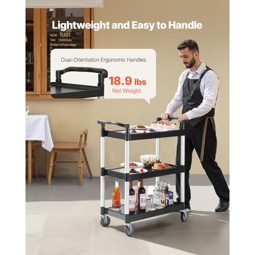 VEVOR Utility Cart, 300 lbs Load Capacity, 3-Tier Utility Plastic Cart with 360¡Æ Swivel Wheels (2 with Brakes), 24.4 x 16.1-inch Food Service Cart for Warehouse, Office, Home, Restaurant, Kitchen