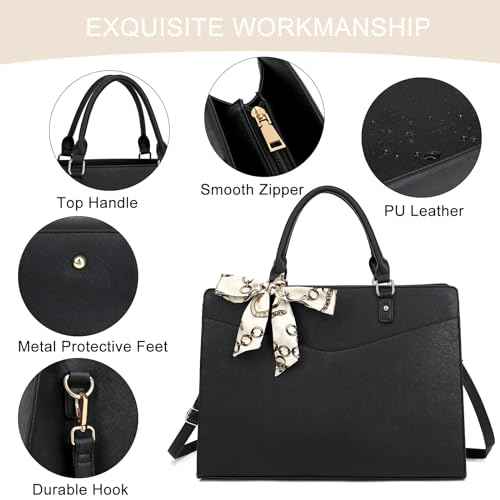Laptop Bag for Women, 15.6 Inch Computer Tote Bag Leather Work Bag Business Office Briefcase, Computer Tote Bag (Black)