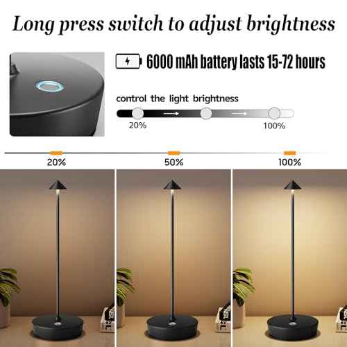 Rechargeable Cordless Table Lamp, Portable Powered LED Battery 6000mAh Metal USB Desk Lamp, 3 Levels Brightness Light for Restaurants Outdoor (Black)