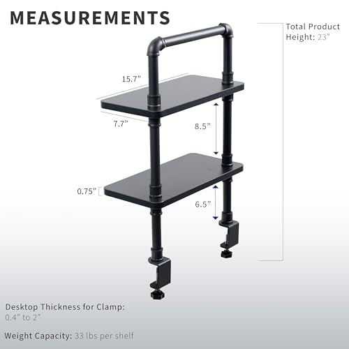 VIVO Clamp-on Premium 16 inch Industrial Pipe 2-Tier Tabletop Shelving, Heavy Duty Desk Extension Organizer, Modern Desktop Display Shelf, Black Shelves, DESK-SHELF16-2B
