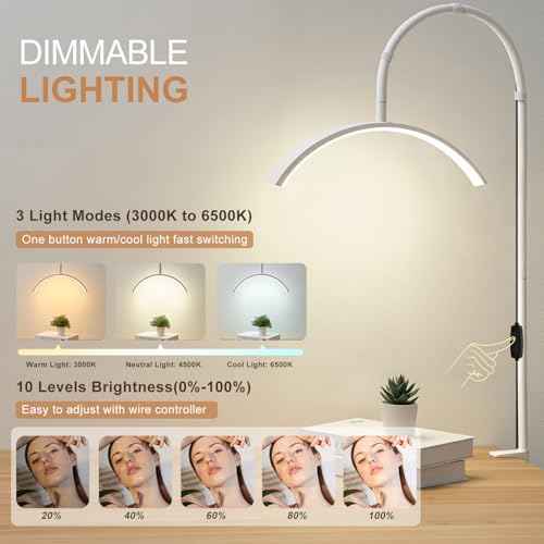 Nail Lamp Lash Light, 20In Wide 3 Light Modes Half Moon Light with 10 Brightness Levels, Adjustable Gooseneck LED Desk Lamp with Clamp for Eyelash Extensions, Skincare and Tattoo