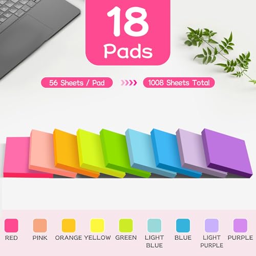 YEECOK Bright Colors Sticky Notes 3x3 Inch Pack of 18 Self-Stick Pads