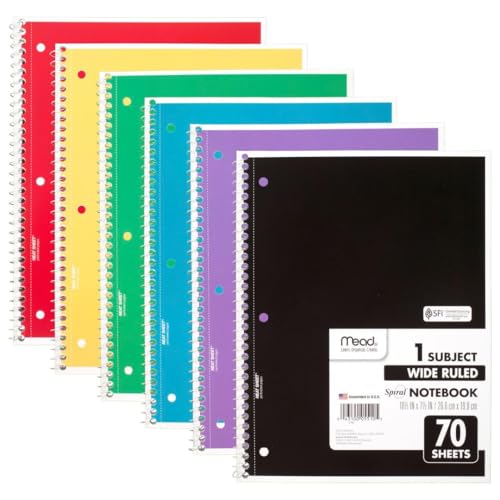 Mead 6 Pack Wide Ruled Spiral Notebooks - 1 Subject, 70 Sheets, Assorted Colors