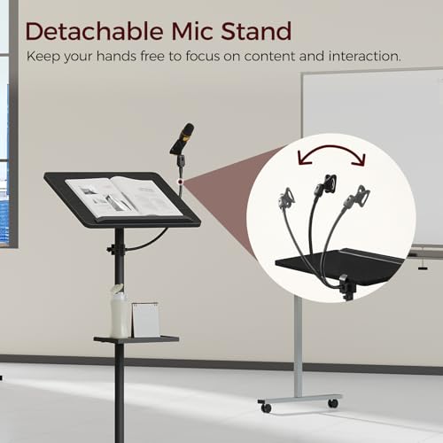 MAHANCRIS Black Podium Lectern with Adjustable 28.9–42.7 in Stand, Microphone and Laptop Tray