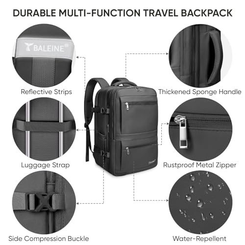 BALEINE Travel Backpack for Women Men, Large Sturdy Carry On Laptop Backpack Gifts for Business, Casual, Weekender, Hiking (XL, Black)