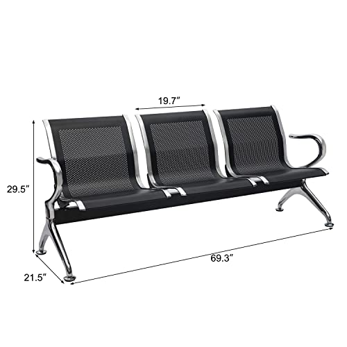 Buenotoys 3-Seat Waiting Room Bench with Arms, Black Mesh Back - Reception/Lobby Chairs