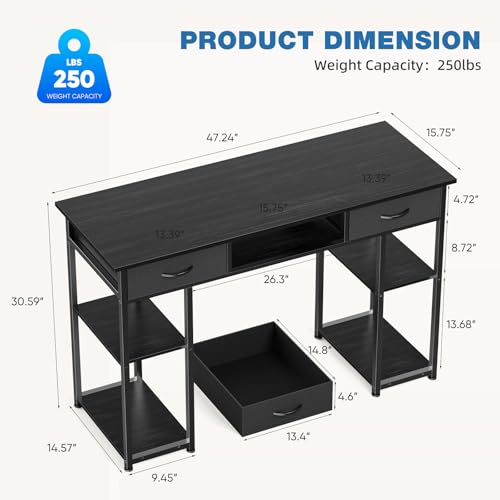 OLIXIS 48 Inch Desk with Drawers, Home Office Computer Desk with Adjustable Shelves on Both Sides, Study Writing Table with Adjustable Feet for Bedroom, Black