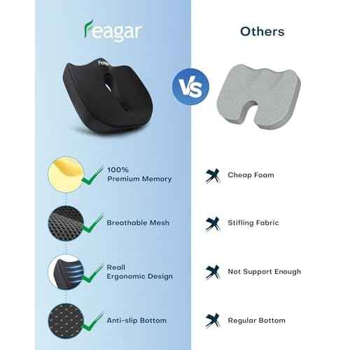 Feagar X Large Memory Foam Seat Cushions for Office Chairs Desk, Chair Cushion Tailbone Pain Relief Extra Dense Hip Sciatica Car Seat Cushion for Long Sitting Black
