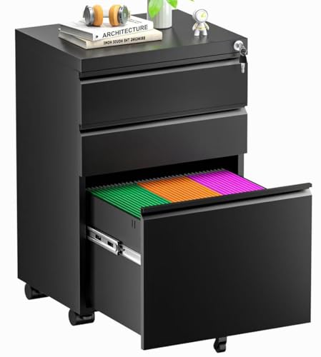Superday Black 3-Drawer Lockable Mobile File Cabinet with Wheels - Fully Assembled Under-Desk Vertical Office Cabinet (Black / Vertical File Cabinet - 3 Drawer)
