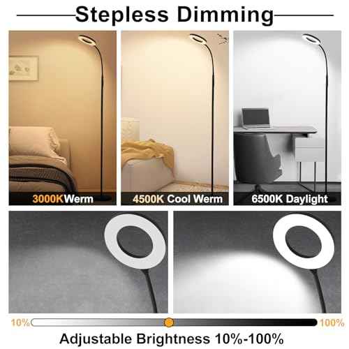 Floor Lamp, LED Reading Light, Bright Modern Tall Lamps, 3 Color Temperatures & Adjustable Brightness Gooseneck Standing Lamp with Remote & Touch Control for Living Room, Bedroom, Office