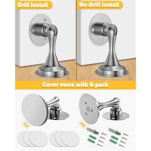 Door Stoppers Magnetic Door Catch - 6 Pack Stainless Steel Heavy Duty Door Holder Stops for Bottom of Door - Wall Floor Mounting No Drill Strong Adhesive & Screws Strong Magnet Keep Door Open(Silver)