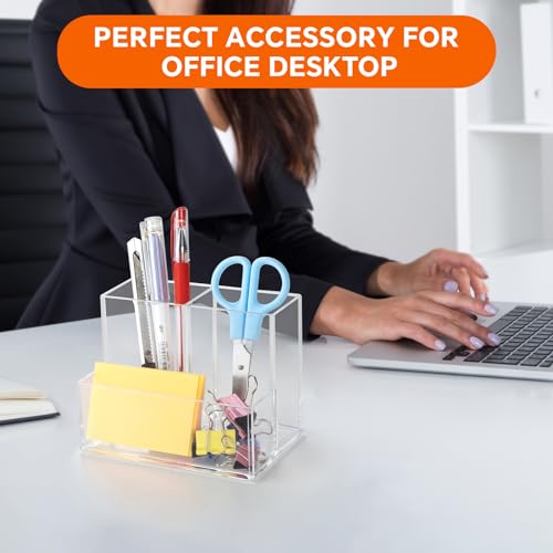 Banafich Clear Acrylic Pen Holder with 3 Compartments for Desk & Office