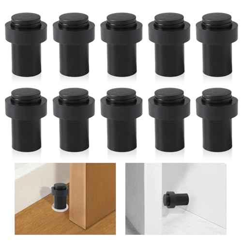 10 Pack Black Door Stoppers - Stainless Steel Cylindrical Floor Stopper With Rubber Bumper - Modern Home Decorative Wall Protector for Bottom or Top of Door
