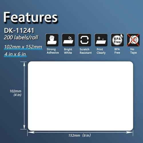 BETCKEY - Compatible Shipping Labels Replacement for Brother DK-1241 (4 in x 6 in), Use with Brother QL Label Printers [6 Rolls/1200 Labels]