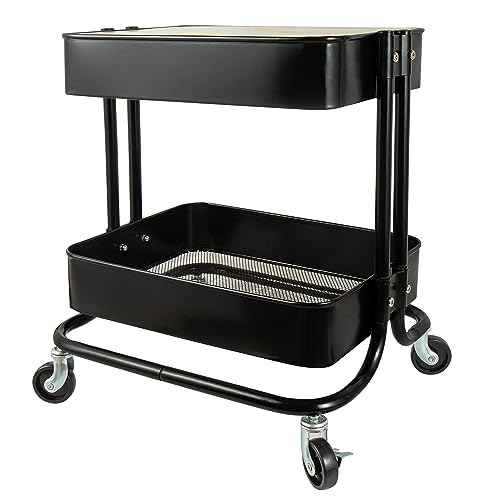 2 Tier Utility Cart£¬Metal Rolling Cart with Wheels and Cover for Office Home Kitchen Organization (Black-1, 2 Tier)