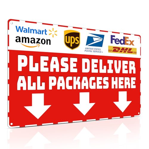 Package Delivery Metal Sign, Please Deliver All Packages Here, Waterproof & Rustproof Red Aluminum Delivery Instructions for Box House Yard Front Door Outdoor Home Use 8¡¿12 Inch