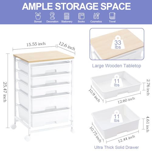 Utility Cart with 5 Drawers,Storage Drawer Cart with Wooden Tabletop and Lockable Wheels,Craft Storage Trolley Cart,5-Tier Rolling Utility Cart on Wheels,Bright White