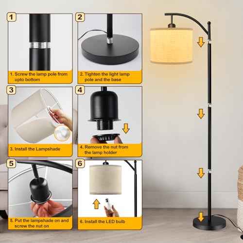 DLLT Modern Arc Floor Lamp, Farmhouse Standing Floor Lamps with Lantern Lampshade, Industrial Tall Reading Light for Bedroom Living Room Office Study, 3 Color Temperatures, Black, 8W Bulb Included