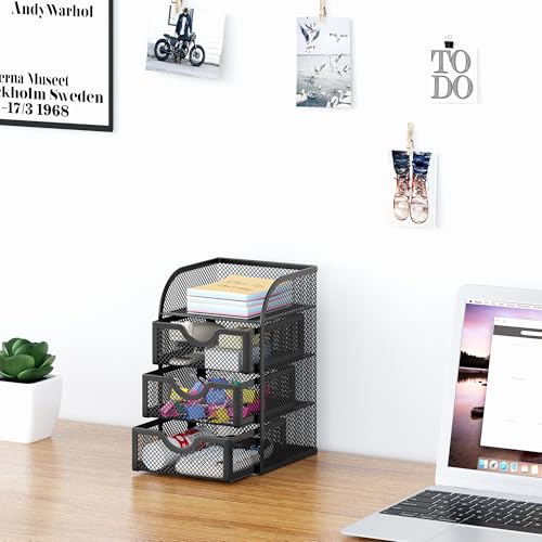 Black Mesh Desk Organizer with 3 Drawers for Office & Home Storage