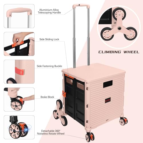 SELORSS Foldable Utility Cart Collapsible Crate Rolling Carts with Stair Climbing Wheels Rolling Tote Basket Teacher Cart with Lid Wear-Resistant 360¡ÆRotate Wheel Noiseless for Shopping Grocery Office