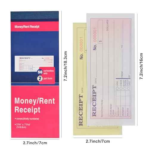 6 Pack Receipt Book with Carbon Copies, Money and Rent Receipt Book for Small Business, 2-3/4" x 7-3/16", 2-Part Carbonless, 50 Sets per Book