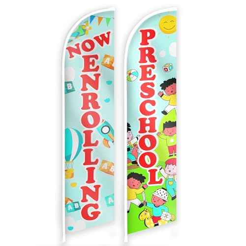 Now Enrolling Feather Banner - Preschool Swooper Flag - First Day of Preschool Flag - Pre School Sign Banner - Set of Two Advertising Flags 12ft x 2.5ft (Pole not included)