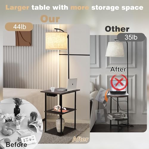 PESRAE Rustic Brown Floor Lamp with 3-Tier Side Table & Charging Station