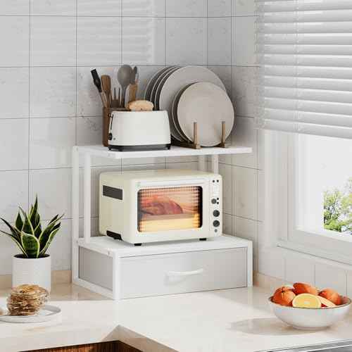 Printer Stand with Storage for Desk, with Fabric Drawer Desktop Printer Stand Shelf Organzier for Home Office, for Above and Under Desk Printer Table, Fax Machine Copier Scanner, White