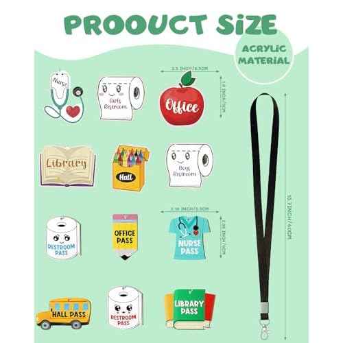 12Pcs Cute Acrylic Hall Passes for Classrooms with Lanyards, Durable Bathroom Passes for Classrooms, Nurse, Office, Library Passes, Teacher Essentials for Classroom Organization