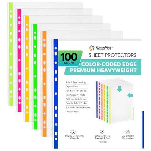 100 Pack, 8.5 x 11 Plastic Sheet Protectors, Premium Heavy Duty, Color-Coded Edges, Top & Side Loading Plastic Sleeves, Page Protectors for 3 Ring Binder