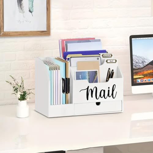 Wood Desktop Mail Organizer, Fantasyon Mail Organizer Countertop with 6 Compartments and Drawer, Wood Desk Drawer Organizer for File Letter Paper Folder, White