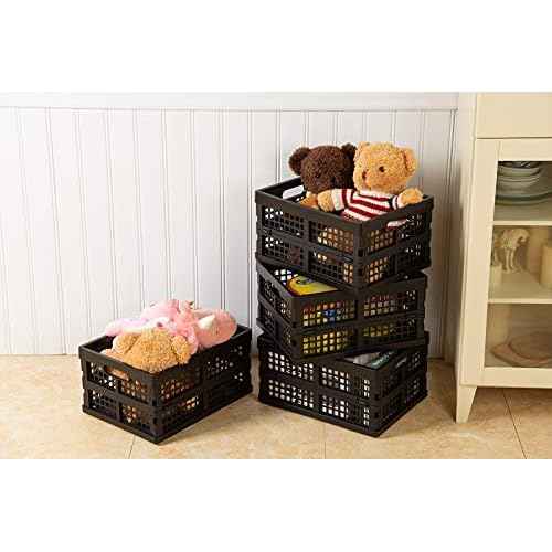 16L Plastic Collapsible Storage Crates,Folding Crates Storage,Pack of 4,Black