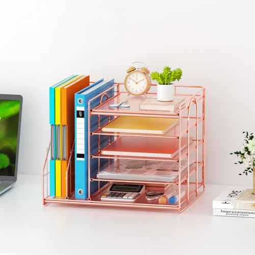 Marbrasse Desk Organizer with File Holder, 5-Tier Paper Letter Tray, Mesh Desk Accessories, Magazine Holder, Desktop Organizer and Storage for Office Supplies, Rose Gold