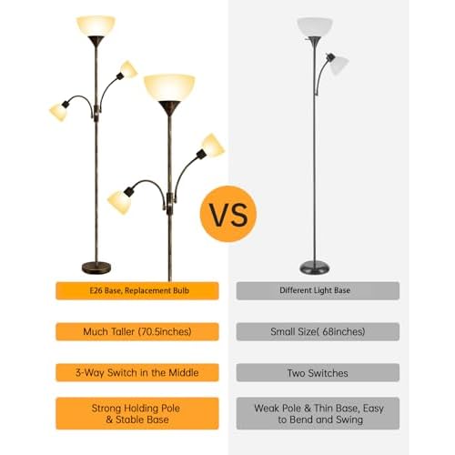 Floor Lamp, Torchiere Floor Lamps for Living Room, 71 Inch Tall Standing Lamp, Bedroom Lamps with Gooseneck Light, Rotary Switch, 3 Plastic Lampshade, Torch Floor lamps for Bedroom (Bronze, No Bulb)