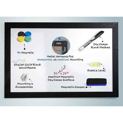 Real Wooden Framed Magnetic Dry Erase Whiteboard, 24" X 36", Vertical/Horizontal Wall Mount, Includes Black Marker, Eraser and 4 Magnets, by Better Office Products (Solid Black)