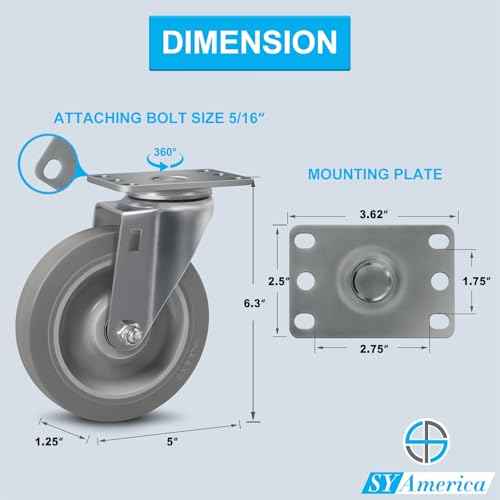 SY America 5" Caster Wheels,Industrial Casters, Heavy Duty Casters Set of 4,Non-Marking Thermoplastic Rubber Castor Wheels for Cart, Furniture and Workbench, 2 Swivel & 2 Rigid, 1400 lbs Capacity