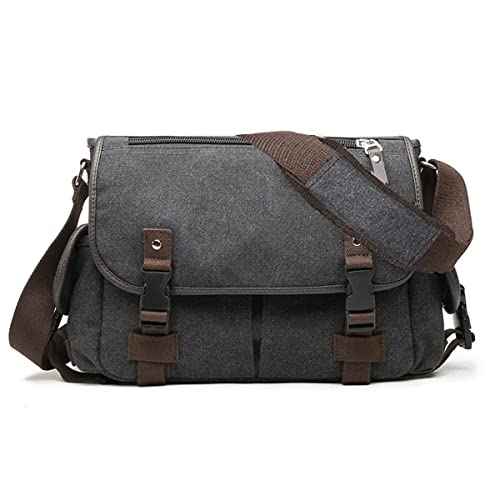 [Upgraded] Vintage Canvas Messenger Bag 13 15.6 17 inches Large Book Laptop Shoulder Bag Women Men New (Black, Medium)