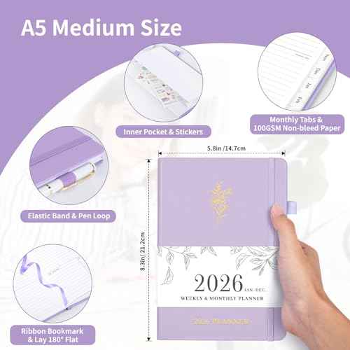 Planner 2026, Weekly and Monthly Planner with Tabs from Jan 2026 - Dec 2026, A5 Hardcover Academic Calendar with Date for School & Office Schedule, 5.8" x 8.3", Purple