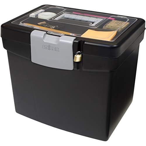 Storex Portable File Box with Organizer Lid ? Plastic Office File Storage Box for Letter Paper and Hanging Folders, Obsidian, 1-Count (61504C01C)