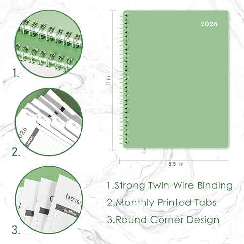 2026 Monthly Planner - 2026 Planner/Calendar, Jan 2026 - DEC 2026, 9" x 11", Thick Paper, Twin-Wire Binding, Monthly Planner with Tabs & Pocket & Label, Green