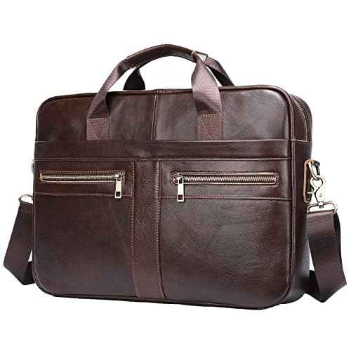 Genuine Leather Briefcase for Men, Laptop Computer Shoulder Bag With Strap, 15.6 Inch Business Travel Work Handbag