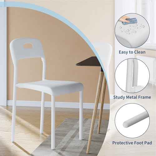 IDEALHOUSE Stackable Dining Chairs Set of 2, Kitchen Chair with Metal Legs and Ergonomic Plastic Seat, Waterproof & Stain-Resistant, Suitable for Outside, Office, Living Room, Easy Assembly, White